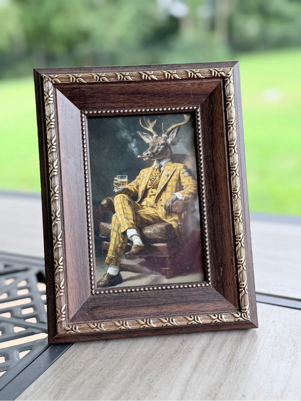 Framed Deer Portrait Art Print – Brown Wood Frame, Yellow Plaid Suit